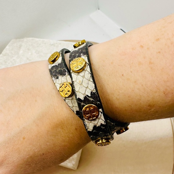 EUC Tory Burch Miller Stud Double Wrap Exotic Snakeskin Bracelet - Picture 3 of 15